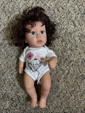 Reborn Baby Doll 12” Blue Eyes Brown Curly Hair